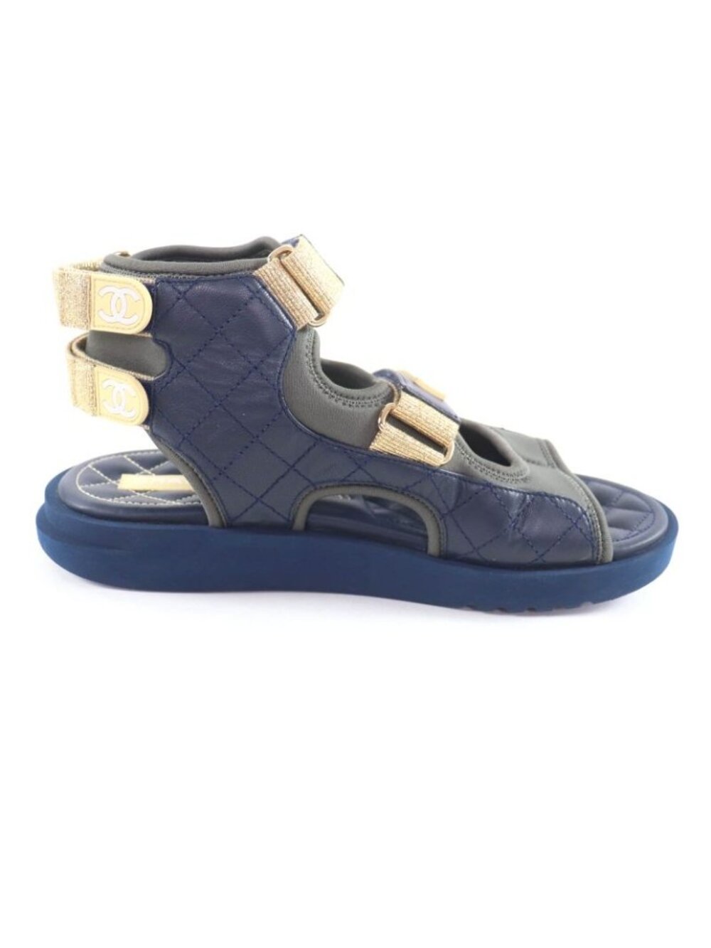 Chanel CC Logo Quilted Velcro Fabric Leather Sandals Khaki Navy 39 - Picture 6 of 16